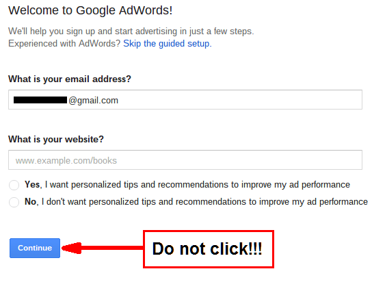 Google Adwords welcome page
