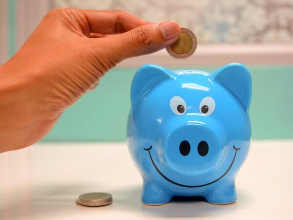 Person savings money in the piggy bank
