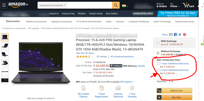 warranty option in Amazon